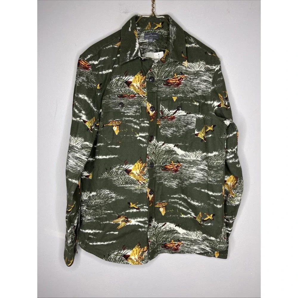 New LL Bean Slim Fit Green Duck Print Flannel Button Down Shirt Large L